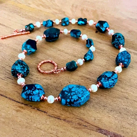 Genuine Turquoise and FreshwaterPearl Necklace with Solid Copper Beads & Clasp - Picture 1 of 12